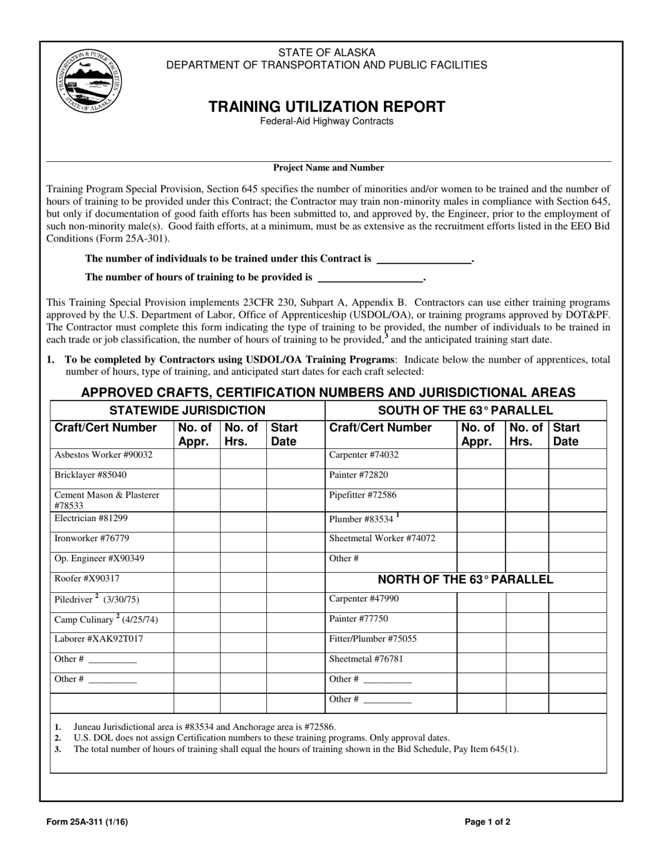 Form 25A-311 Training Utilization Report - Alaska, Page 1