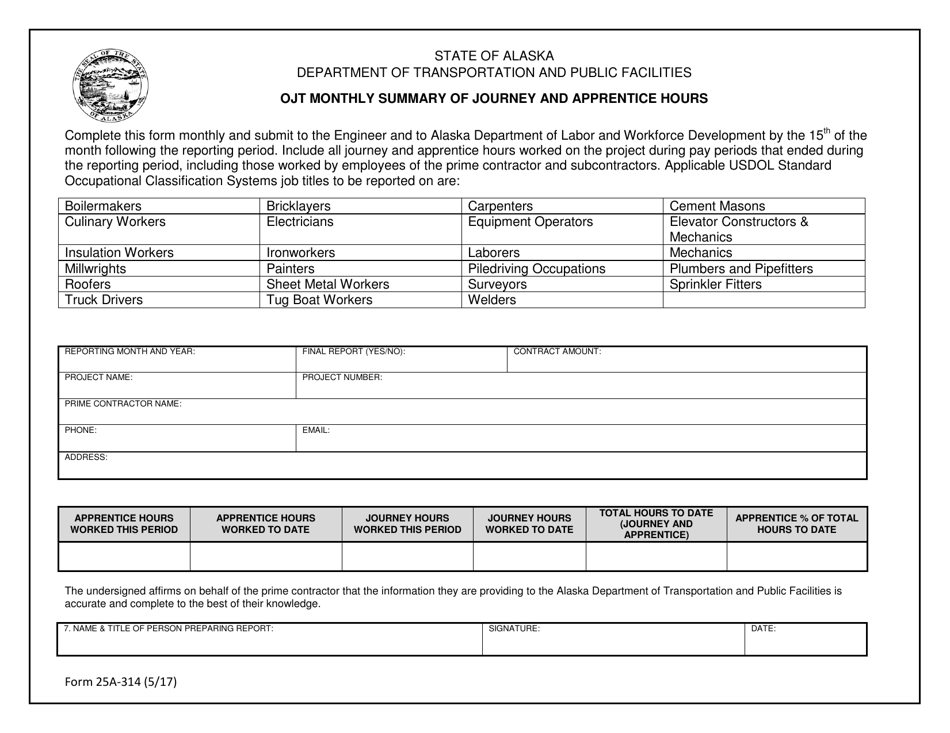 Form 25A-314 Ojt Monthly Summary of Journey and Apprentice Hours - Alaska, Page 1