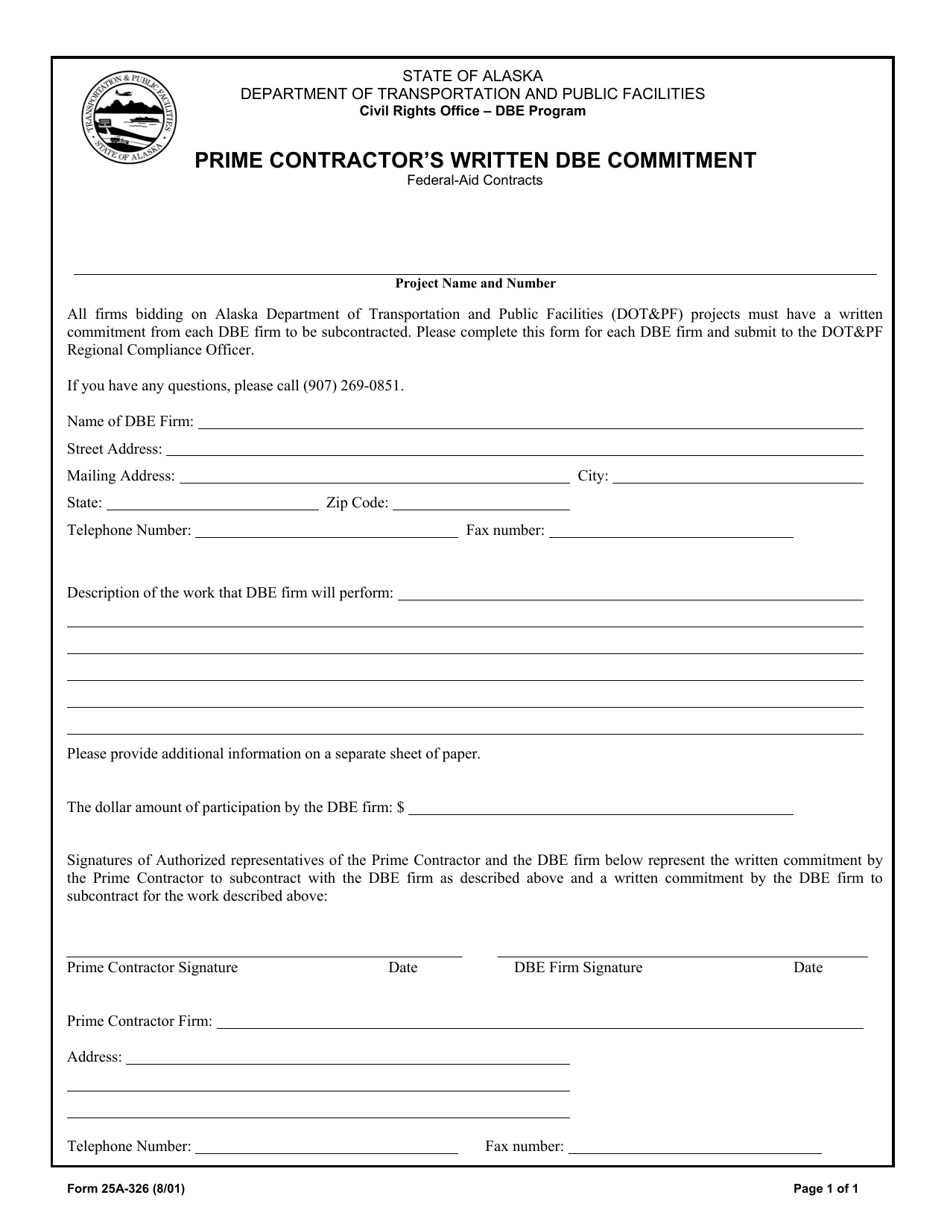 Form 25A-326 Prime Contractors Written Dbe Commitment - Alaska, Page 1