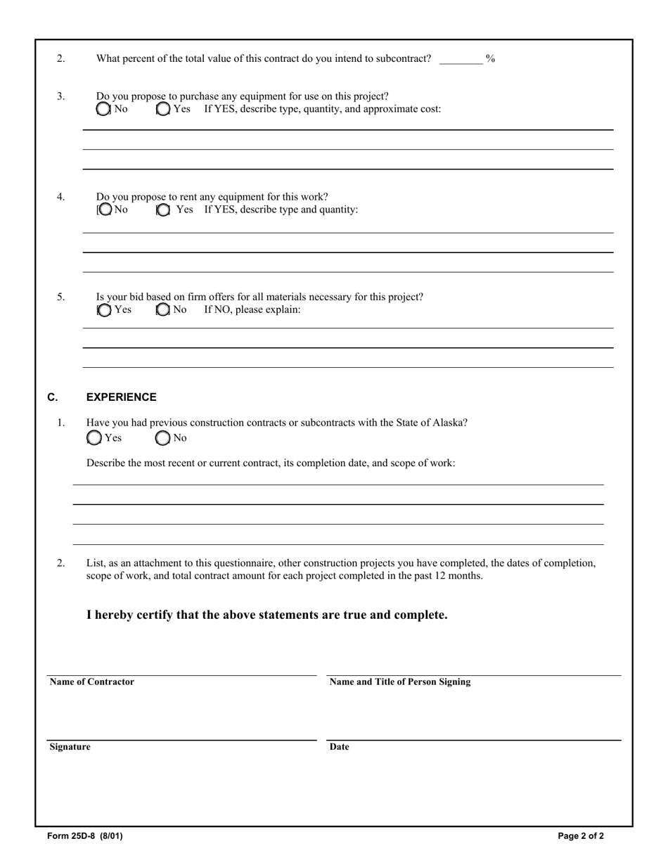 Form 25D-8 Contractors Questionnaire - Alaska, Page 2