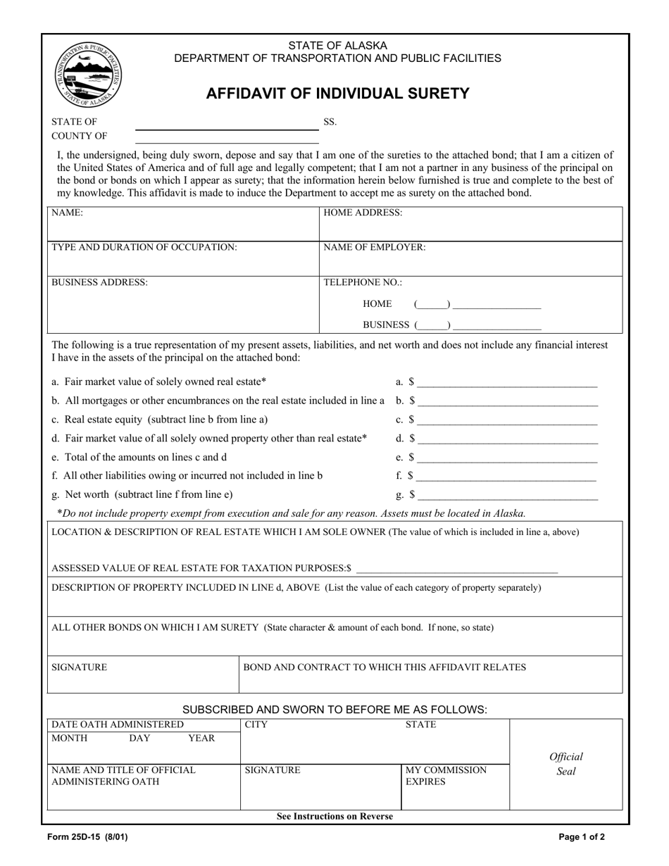 Form 25D-15 Affidavit of Individual Surety - Alaska, Page 1
