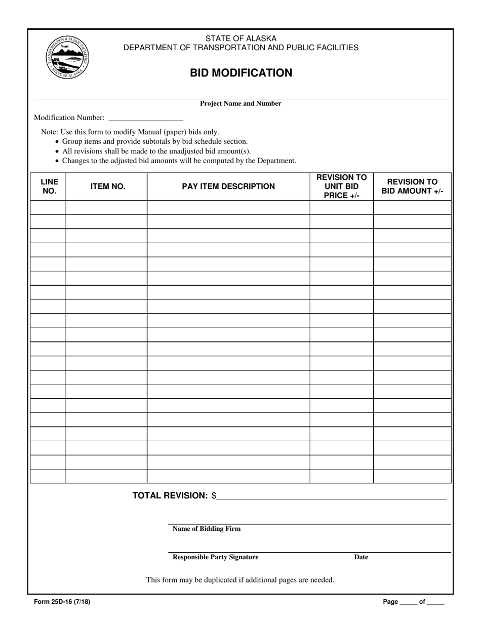 Form 25D-16 Bid Modification - Alaska, Page 1