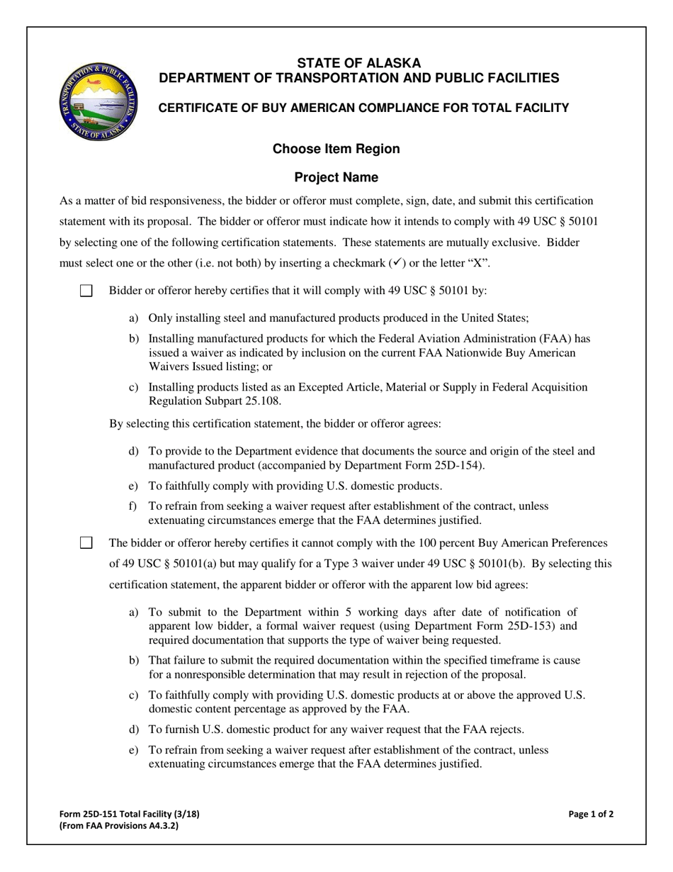 Form 25D-151 Certificate of Buy American Compliance for Total Facility - Alaska, Page 1