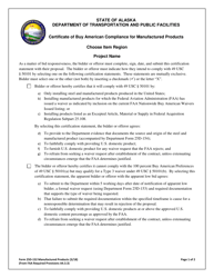 Document preview: Form 25D-152 Certificate for Buy American Compliance for Manufactured Products - Alaska