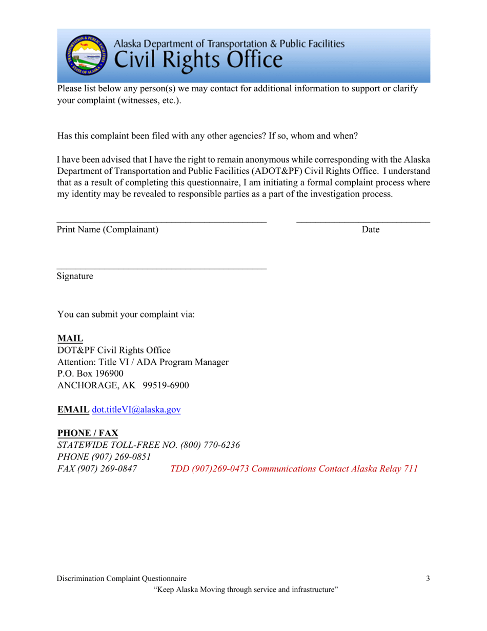 Title VI  Ada Discrimination Complaint Form - Alaska, Page 3