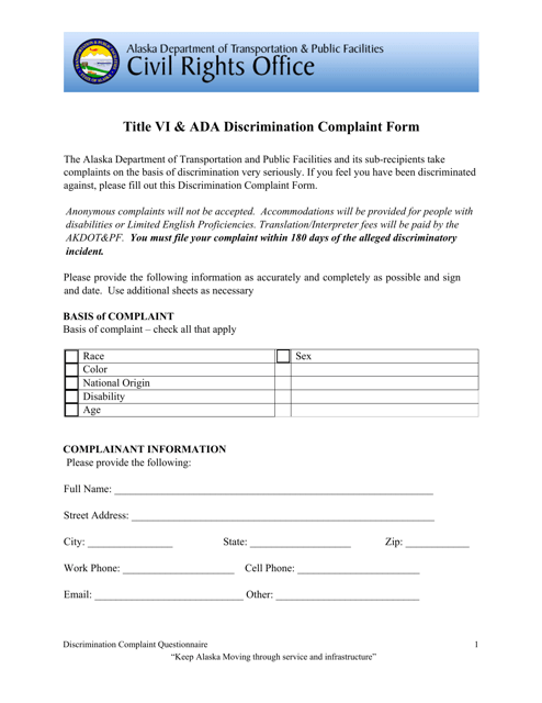 Title VI & Ada Discrimination Complaint Form - Alaska Download Pdf