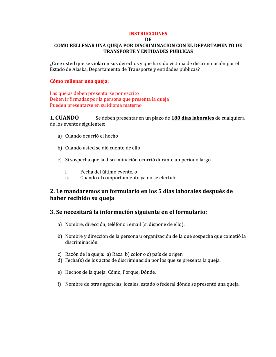Instrucciones para Cuestionario De Quejas Por Acto Discriminatorio - Alaska (Spanish), Page 1