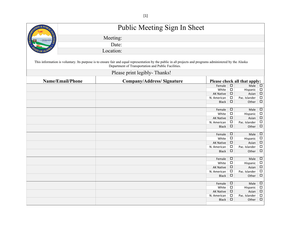 Public Meeting Sign in Sheet - Alaska, Page 1