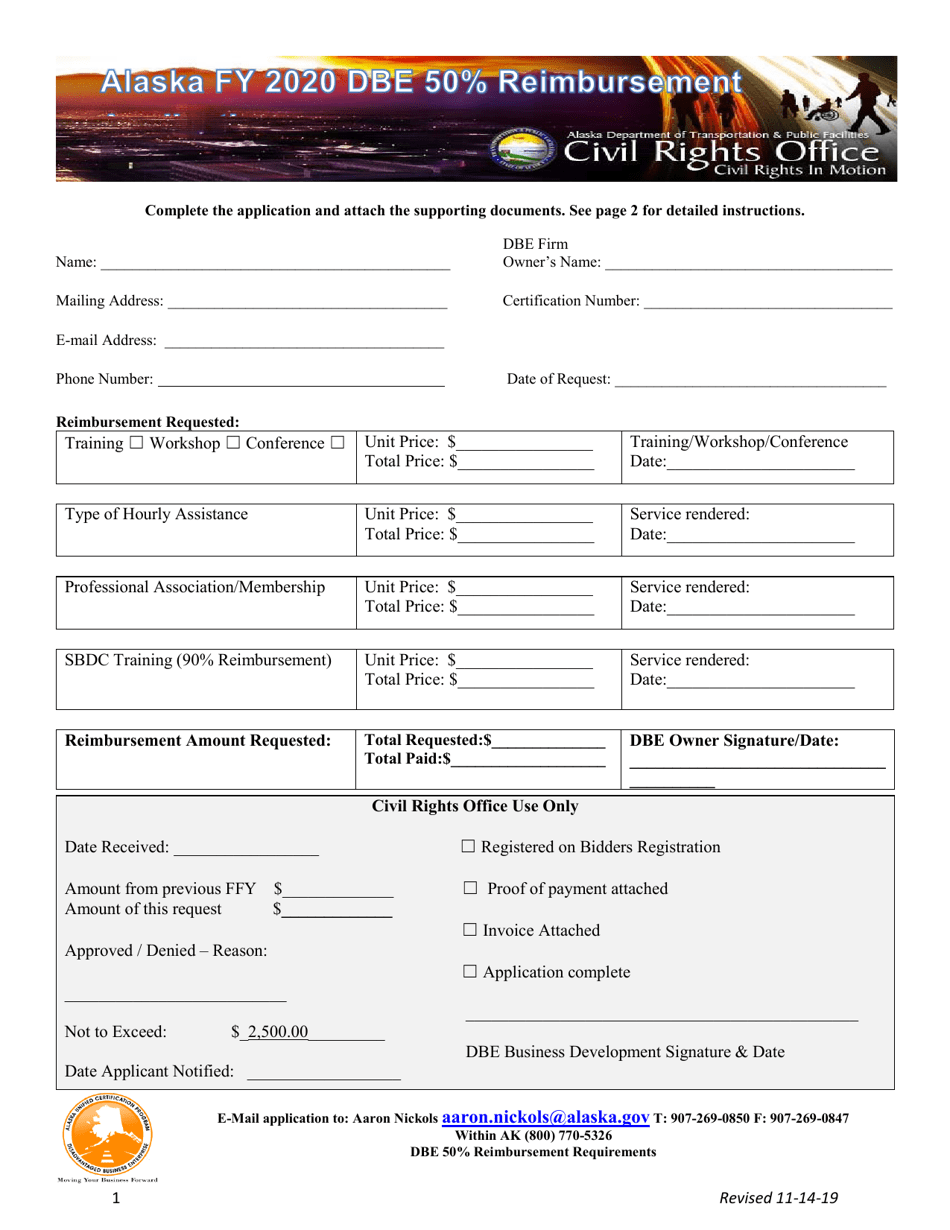 Dbe 50% Reimbursement Application - Alaska, Page 1