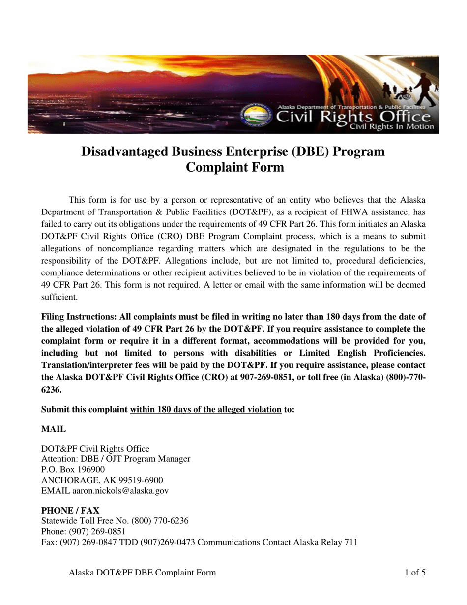 Disadvantaged Business Enterprise (Dbe) Program Complaint Form - Alaska, Page 1