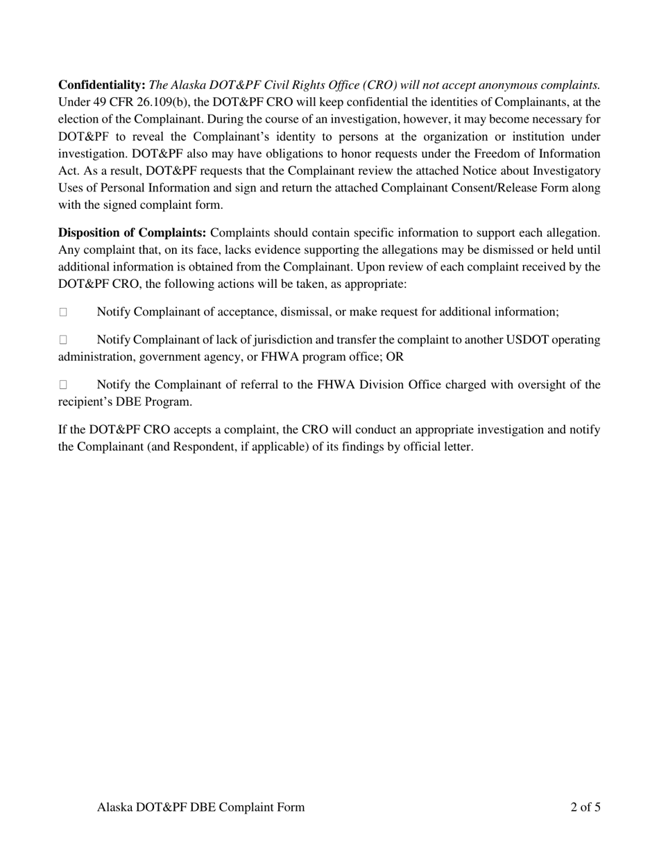Disadvantaged Business Enterprise (Dbe) Program Complaint Form - Alaska, Page 2