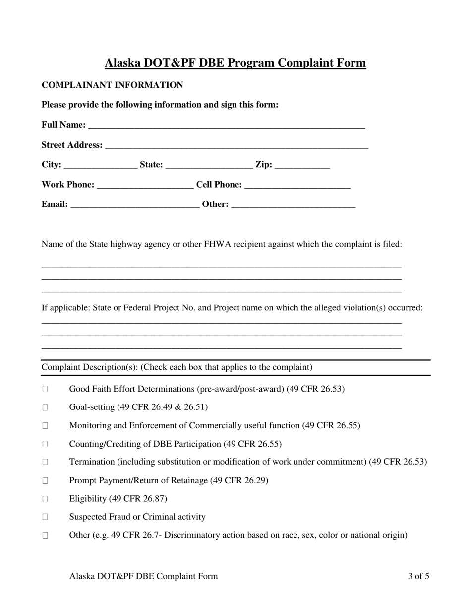 Disadvantaged Business Enterprise (Dbe) Program Complaint Form - Alaska, Page 3