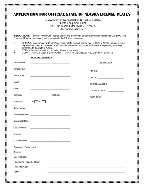 Application for Official State of Alaska License Plates - Alaska Download Pdf