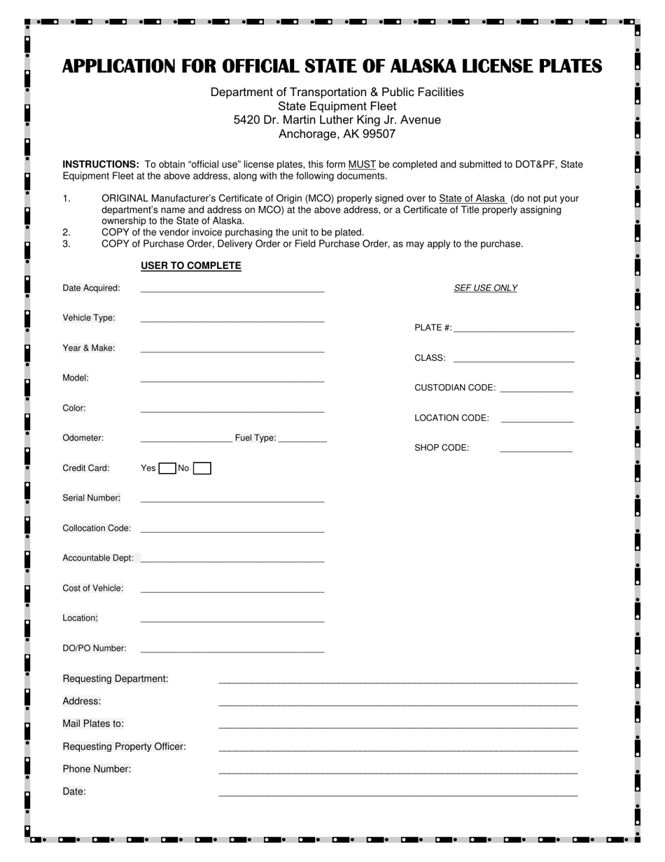 Application for Official State of Alaska License Plates - Alaska, Page 1