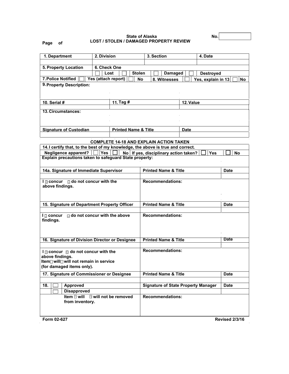 Form 02-627 Lost / Stolen / Damaged Property Review - Alaska, Page 1