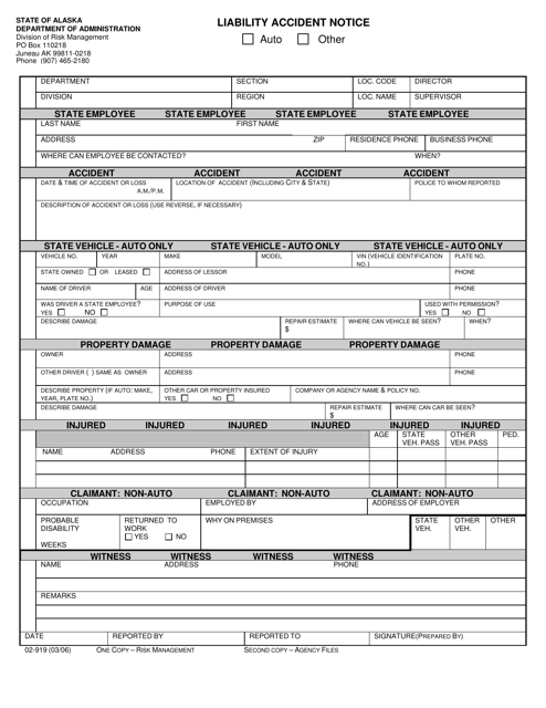 Form 02-919 Liability Accident Notice - Alaska