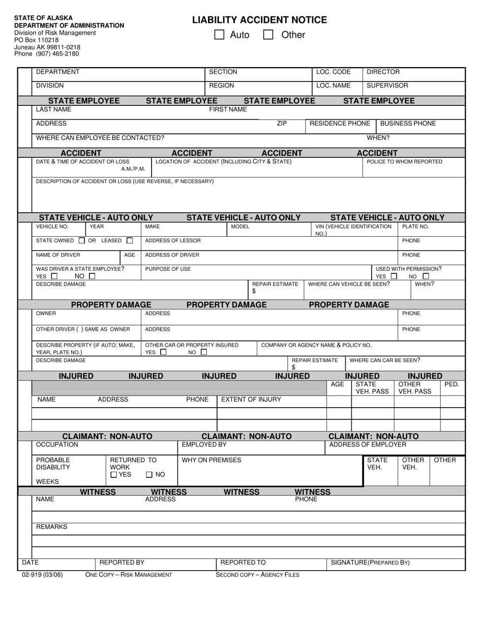 Form 02-919 Liability Accident Notice - Alaska, Page 1