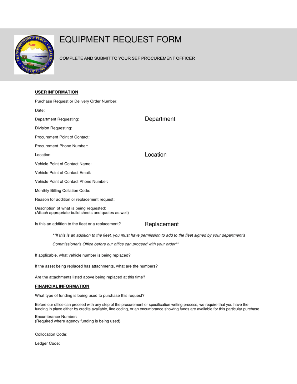 Alaska Equipment Request Form Fill Out, Sign Online and Download PDF