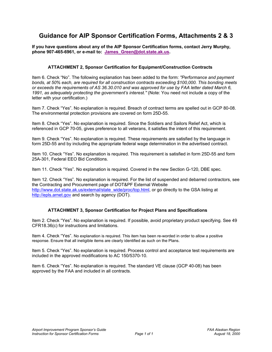 Instructions for Attachment 2, 3 Aip Sponsor Certification Form - Alaska, Page 1