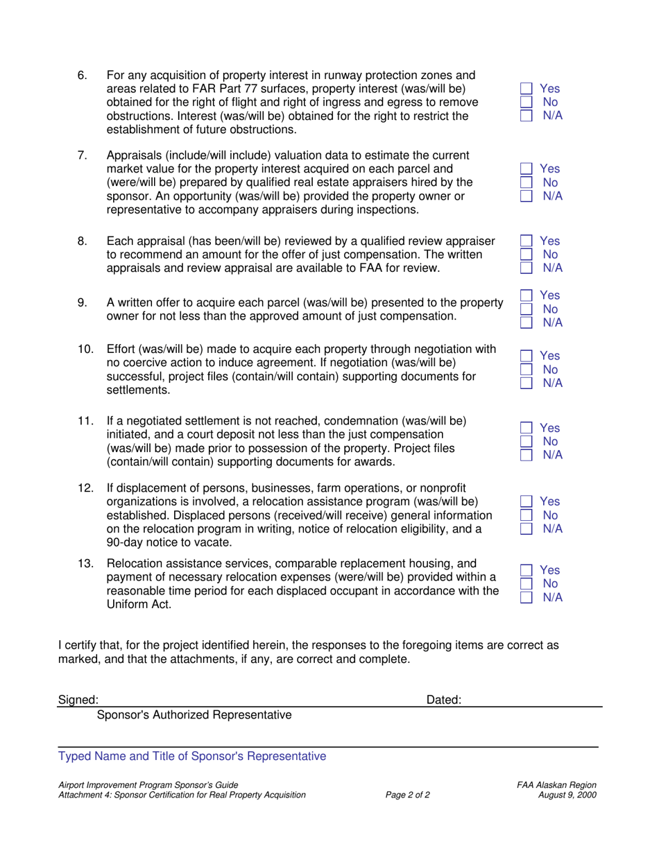 Attachment 4 Sponsor Certification for Real Property Acquisition - Alaska, Page 2