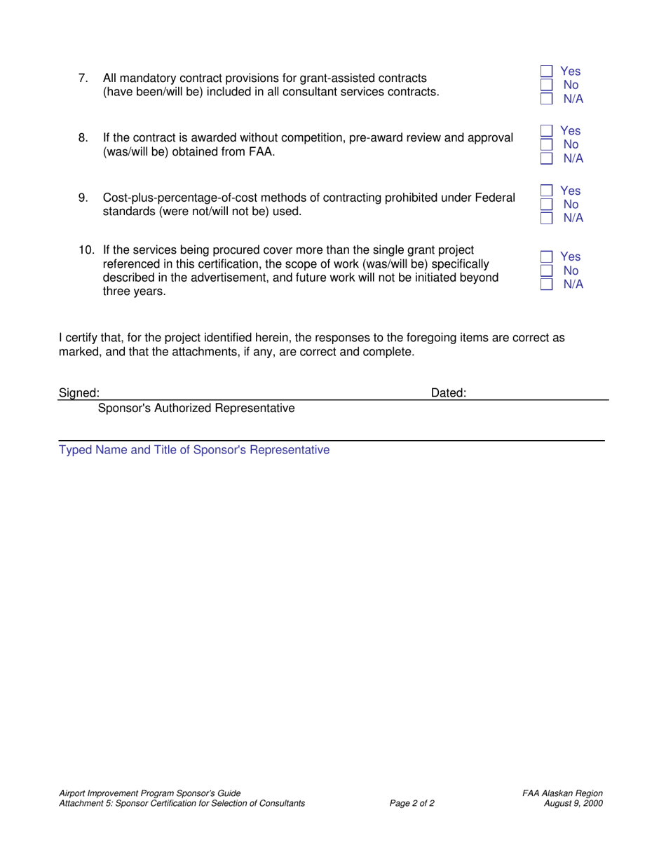 Attachment 5 Sponsor Certification for Selection of Consultants - Alaska, Page 2