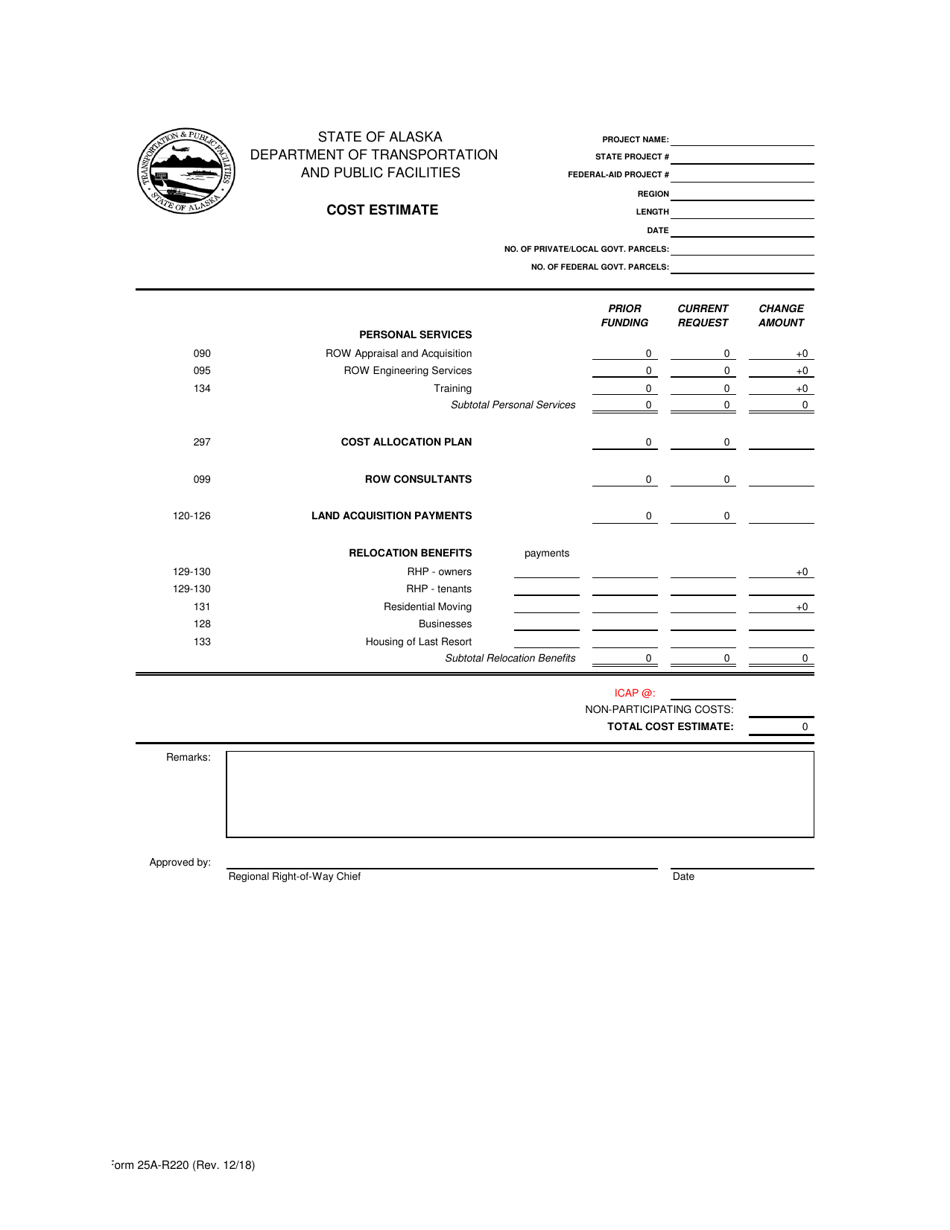 Form 25A-R220 Cost Estimate - Alaska, Page 1