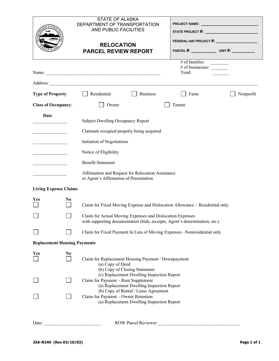 Form 25A-R240 Relocation Parcel Review Report - Alaska, Page 1