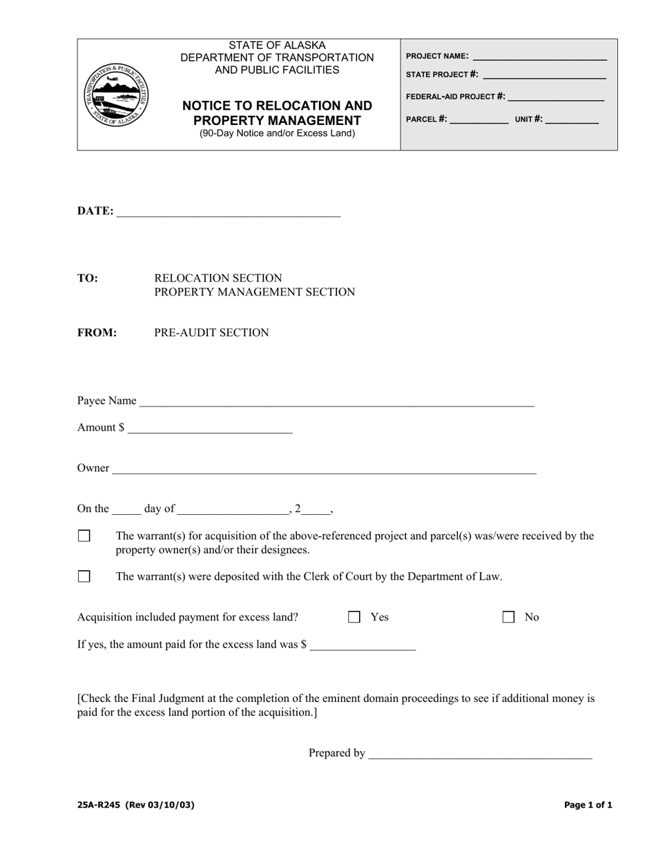 Form 25A-R245 Notice to Relocation and Property Management (90-day Notice and / or Excess Land) - Alaska, Page 1