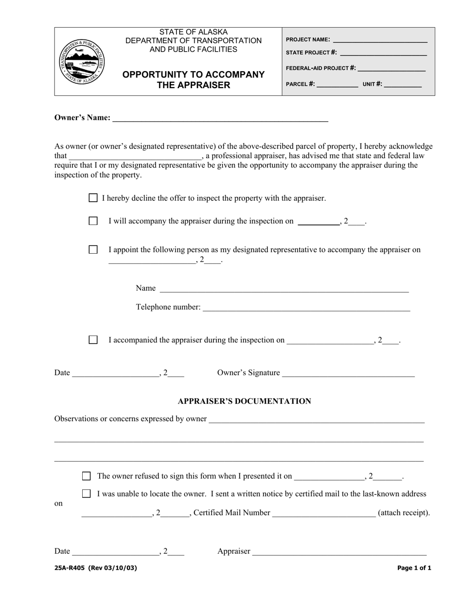 Form 25A-R405 Opportunity to Accompany the Appraiser - Alaska, Page 1