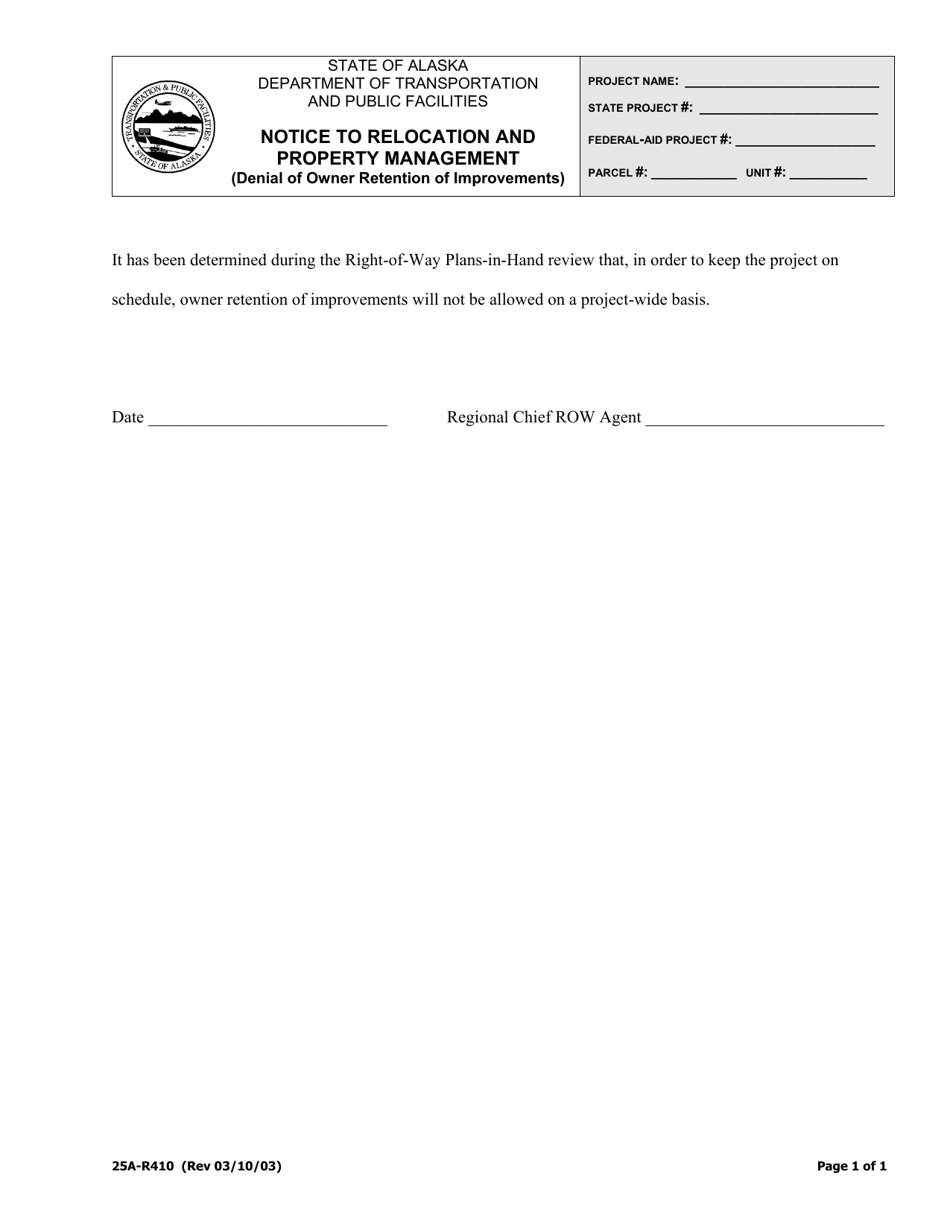 Form 25A-R410 Notice to Relocation and Property Management (Denial of Owner Retention of Improvements) - Alaska, Page 1