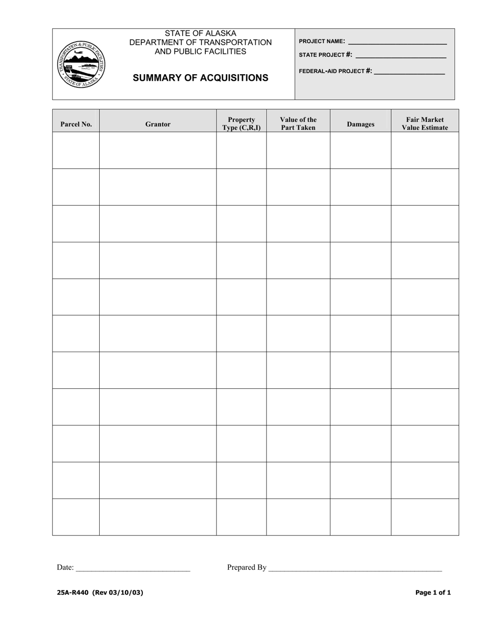 Form 25A-R440 Summary of Acquisitions - Alaska, Page 1