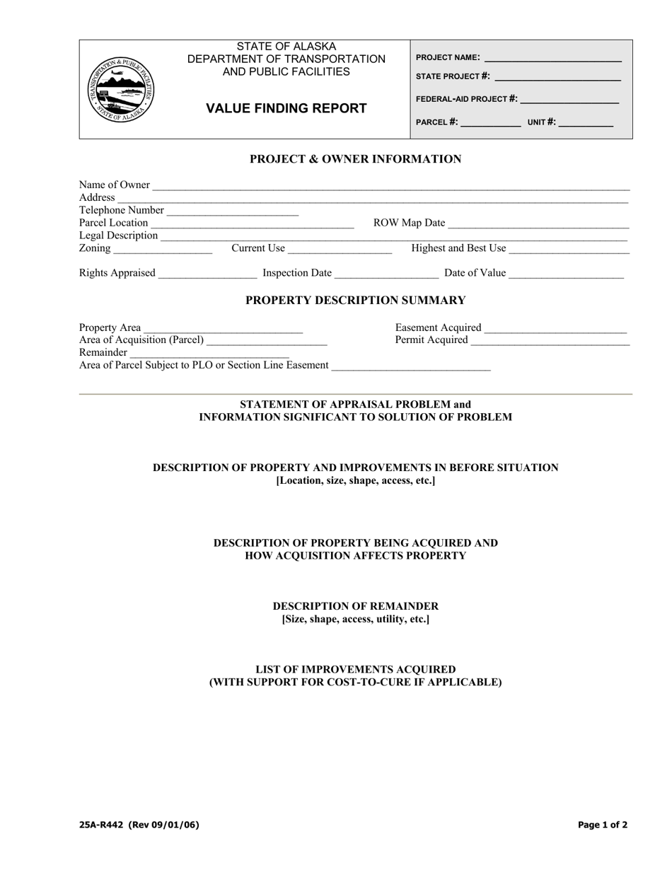 Form 25A-R442 Value Finding Report - Alaska, Page 1