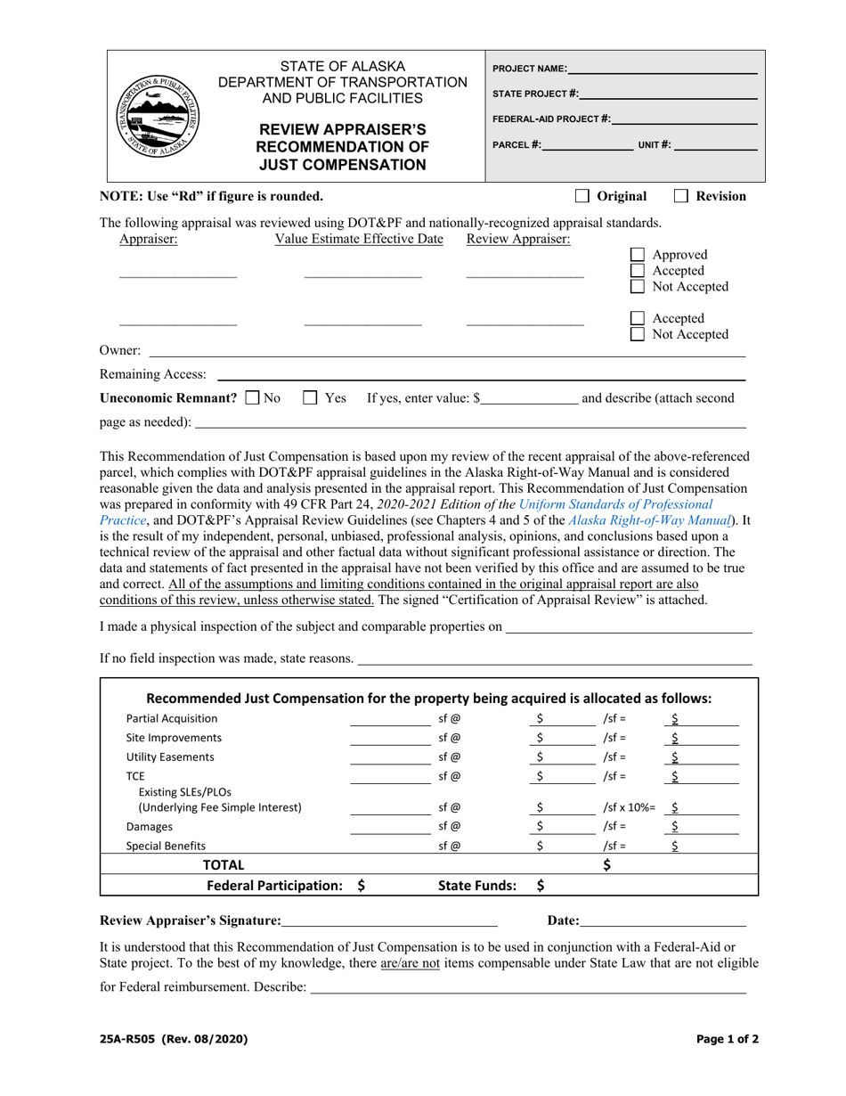 Form 25A-R505 Review Appraisers Recommendation of Just Compensation - Alaska, Page 1