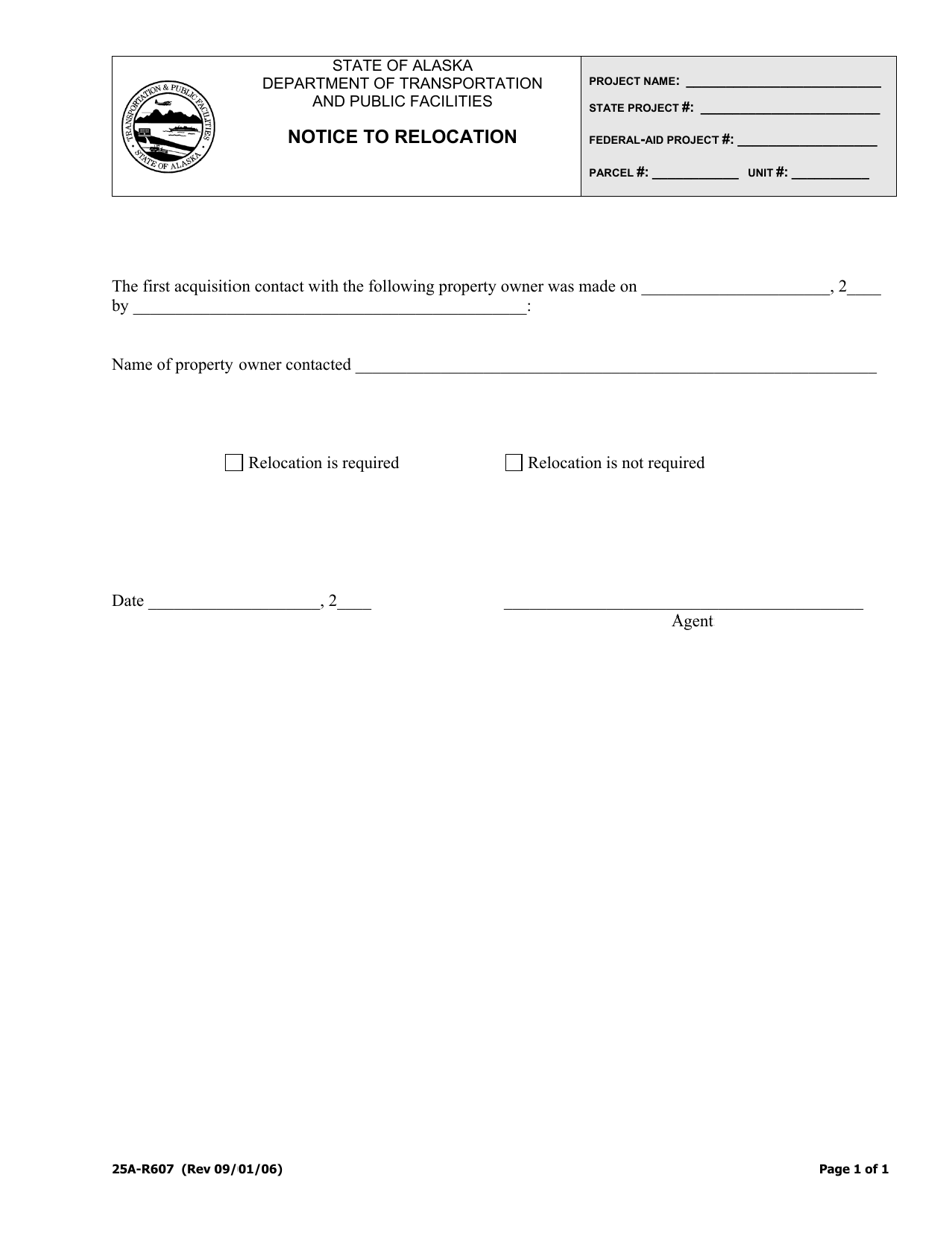 Form 25A-R607 Notice to Relocation - Alaska, Page 1