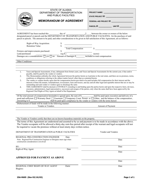 Form 25A-R605 Memorandum of Agreement - Alaska