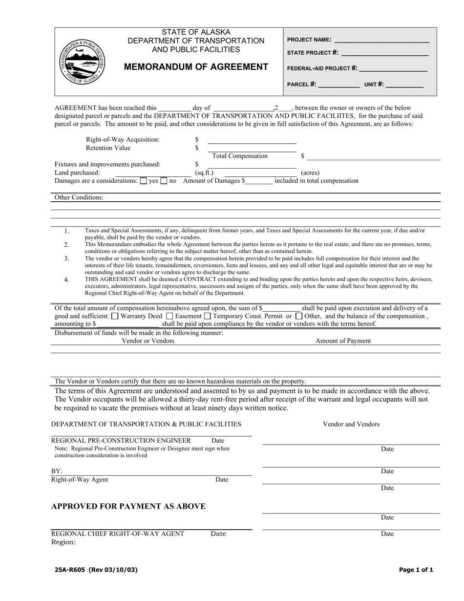 Form 25A-R605 Memorandum of Agreement - Alaska, Page 1