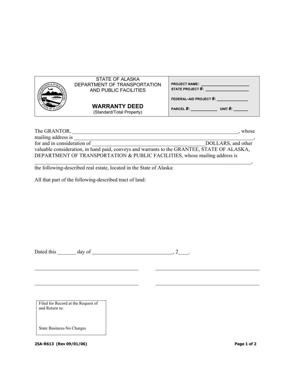 Form 25A-R613 Warranty Deed (Standard / Total Property) - Alaska, Page 1