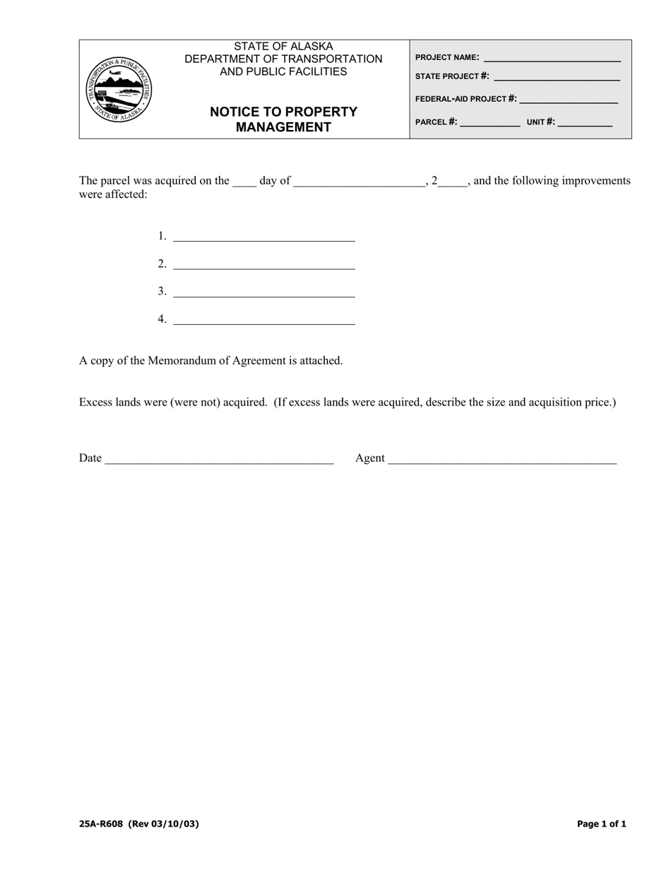 Form 25A-R608 Notice to Property Management - Alaska, Page 1