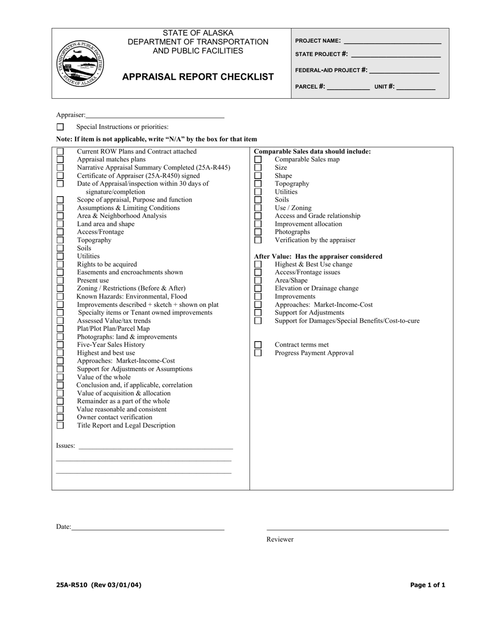 Form 25A-R510 Narrative Appraisal Checklist - Alaska, Page 1