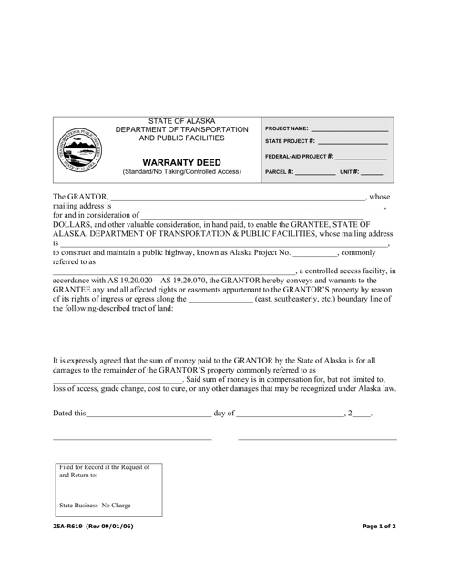 Form 25A-R619 Warranty Deed (Standard/No Taking/Controlled Access) - Alaska
