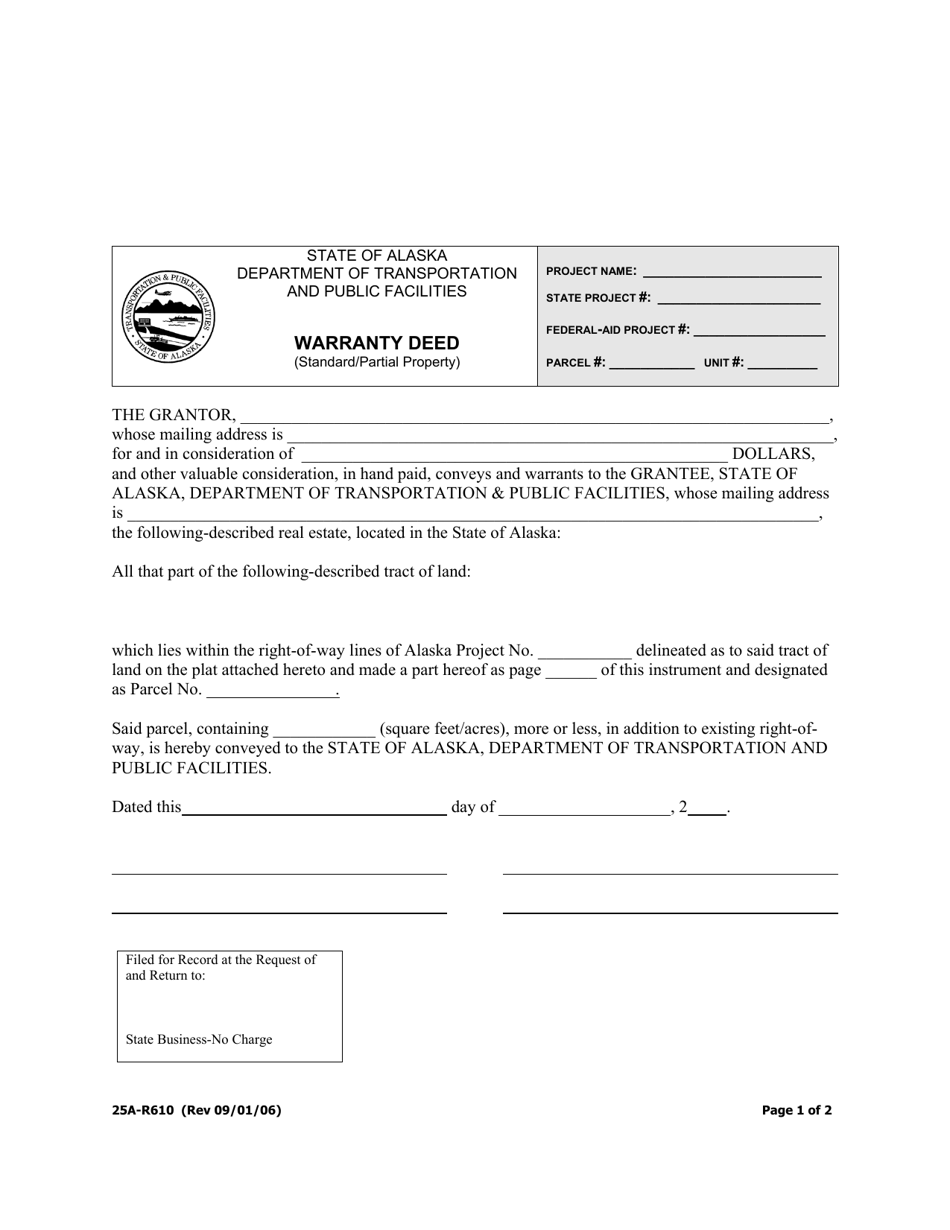 Form 25A-R610 Warranty Deed (Standard / Partial Property) - Alaska, Page 1