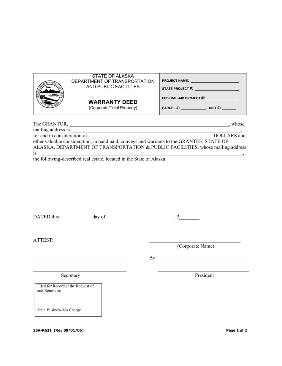 Form 25A-R621 Warranty Deed (Corporate / Total Property) - Alaska, Page 1
