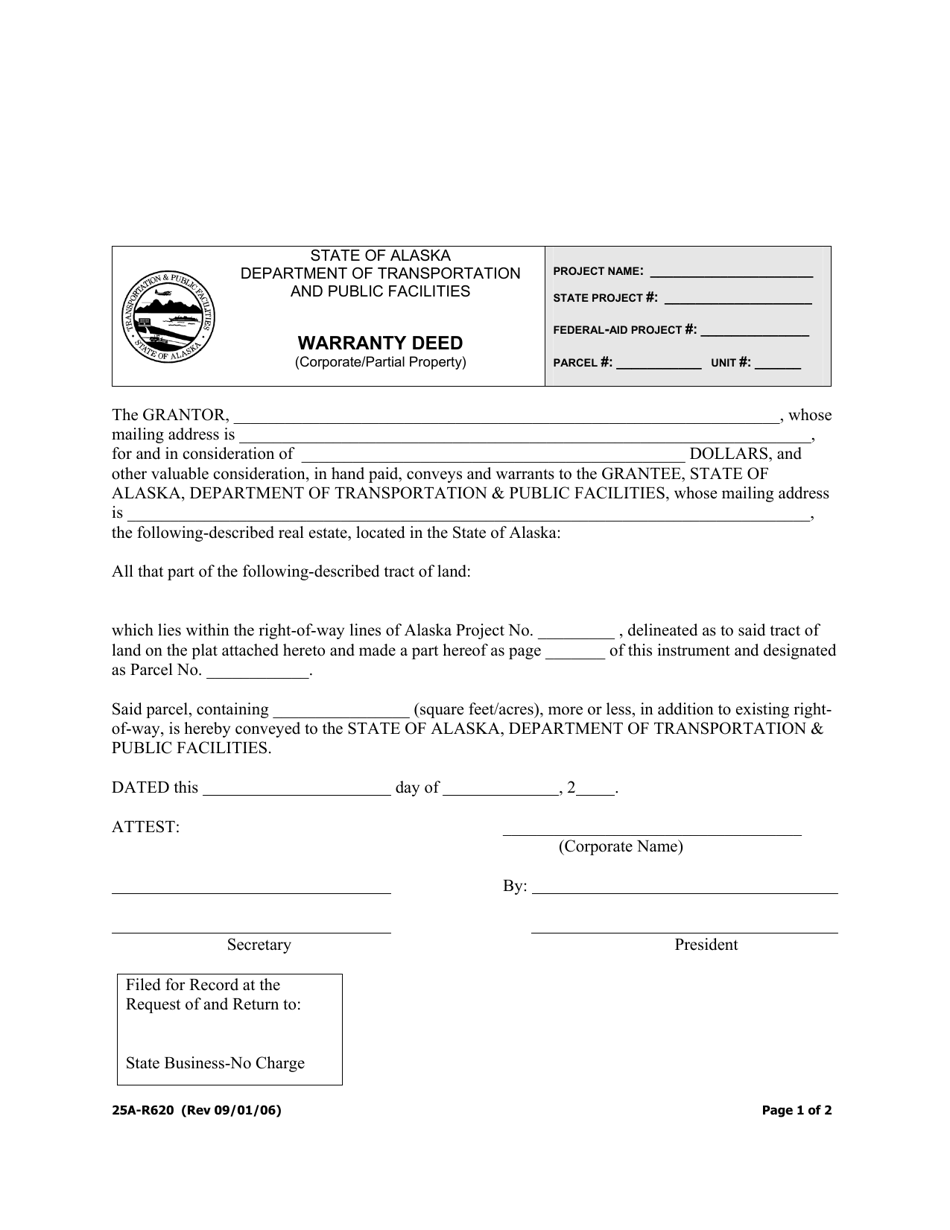 Form 25A-R620 Warranty Deed (Corporate / Partial Property) - Alaska, Page 1