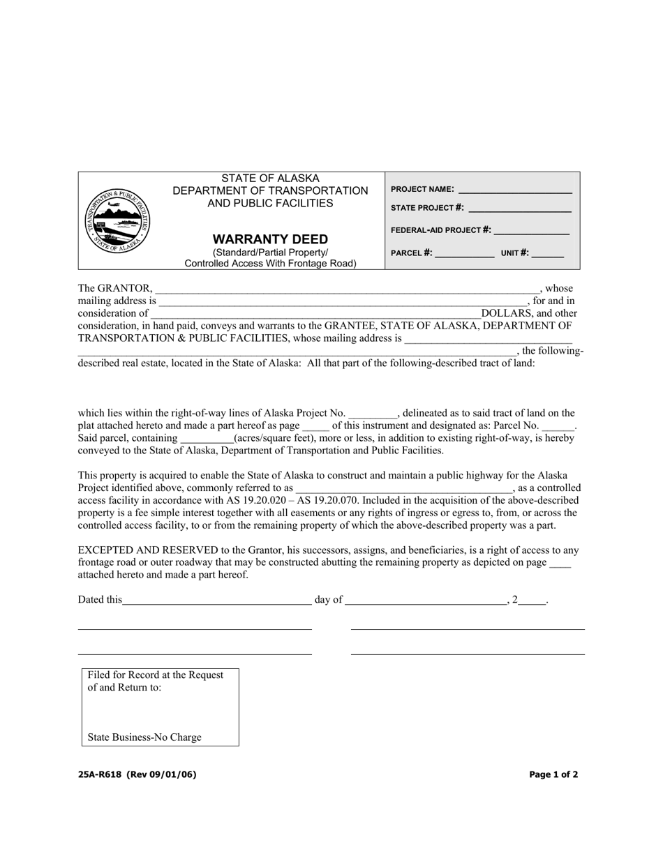 Form 25A-R618 Warranty Deed (Standard / Partial Property / Controlled Access With Frontage Road) - Alaska, Page 1