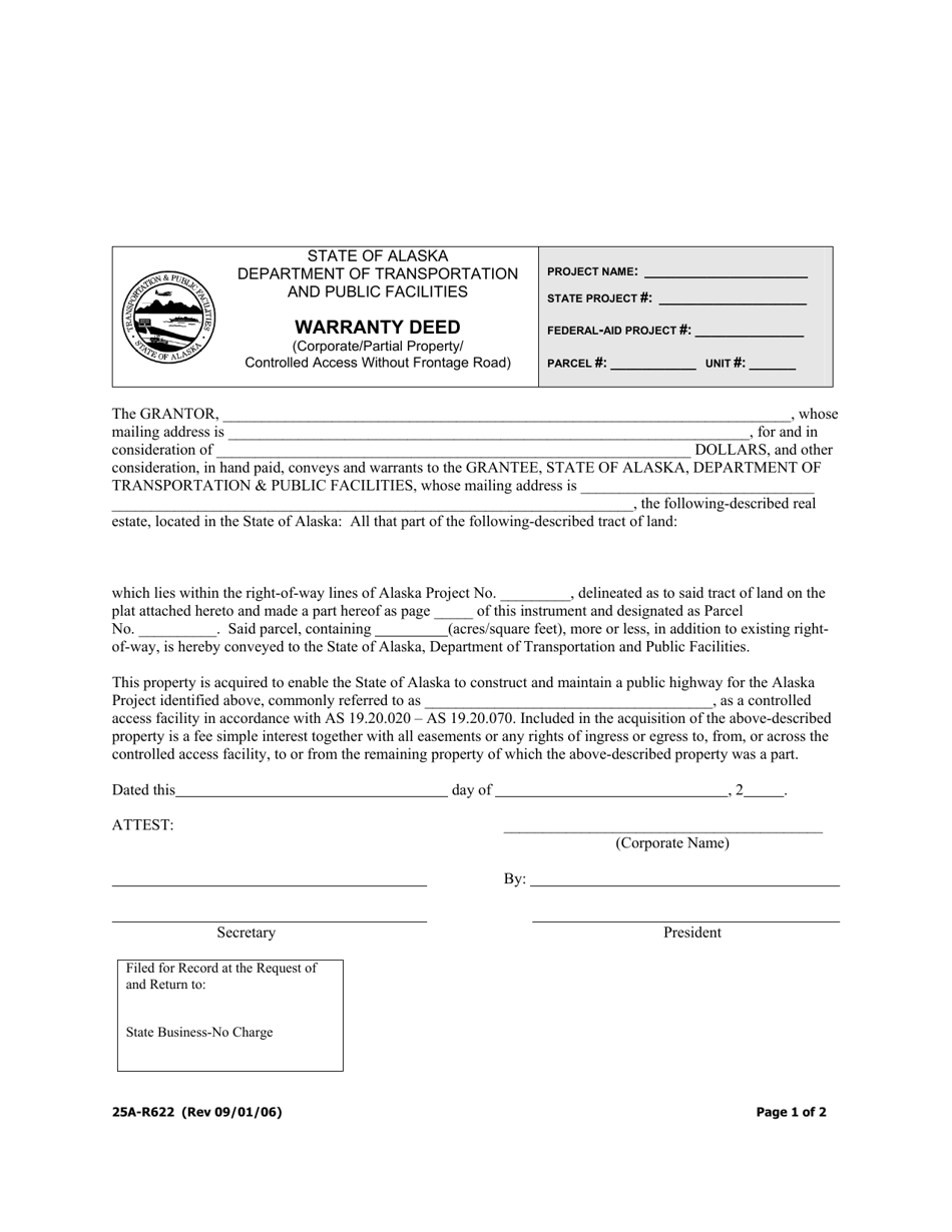 Form 25A-R622 Warranty Deed (Corporate / Partial Property / Controlled Access Without Frontage Road) - Alaska, Page 1
