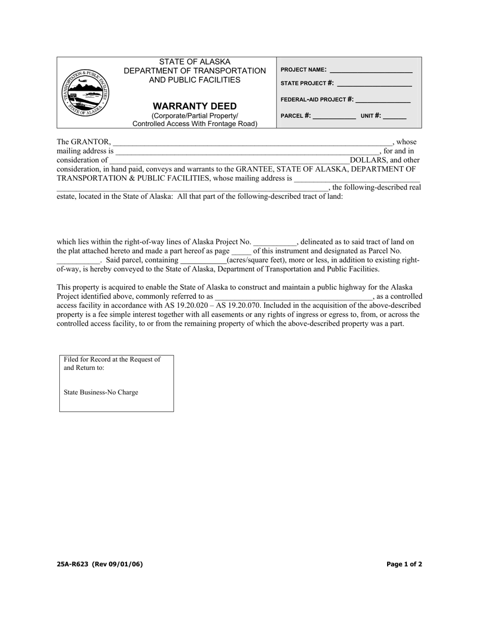 Form 25A-R623 Warranty Deed (Corporate / Partial Property / Controlled Access With Frontage Road) - Alaska, Page 1