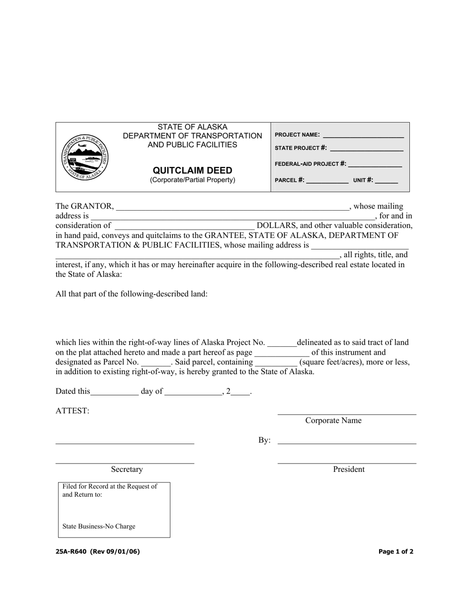 Form 25A-R640 Quitclaim Deed (Corporate / Partial Property) - Alaska, Page 1
