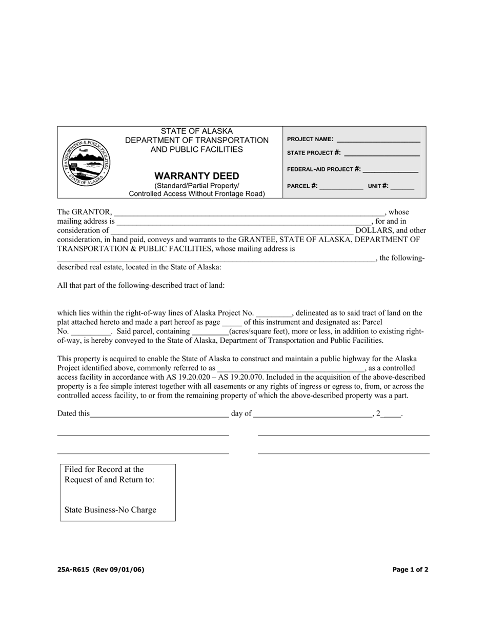 Form 25A-R615 Warranty Deed (Standard / Partial Property / Controlled Access Without Frontage Road) - Alaska, Page 1