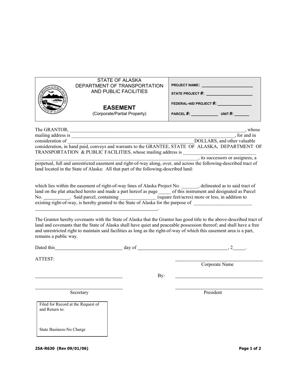 Form 25A-R630 Easement (Corporate / Partial Property) - Alaska, Page 1