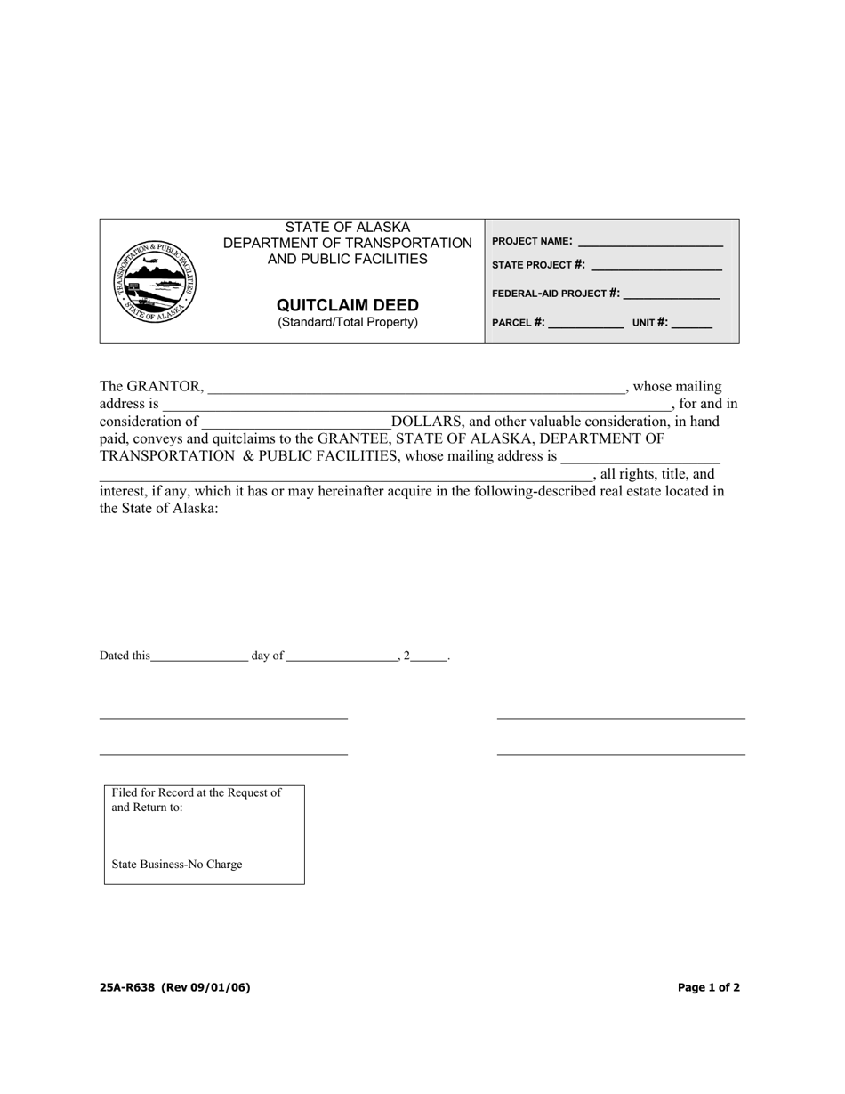 Form 25A-R638 Quitclaim Deed (Standard / Total Property) - Alaska, Page 1